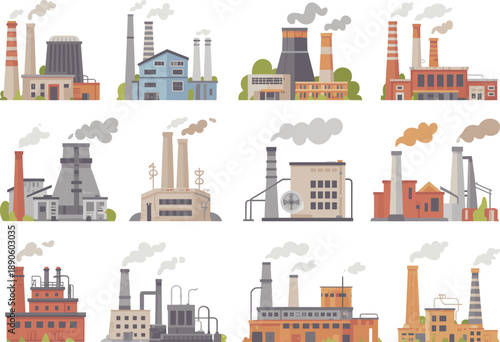 Industrial factory and power plant illustration set, smokestacks and manufacturing buildings, energy production facilities, flat vector design