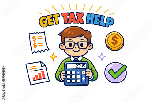 Young caucasian male accountant offers tax help with calculator and documents