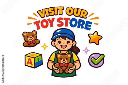 Smiling female child holding teddy bears at vibrant toy store