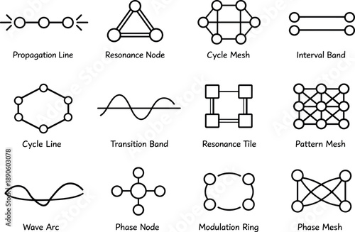 Pheromone Icon Grid. Line style vector icons of pheromone structures: propagation line, resonance node, cycle mesh, interval band,