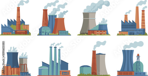 Industrial power plant illustration set, factories with smokestacks and cooling towers, electricity generation facilities, heavy industry energy vector design