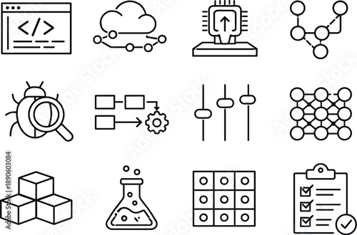 Image Generation. Line style vector icons of artificial intelligence development tools: code editor, API connection, model
