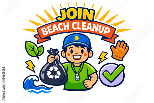 Young asian male volunteer joins beach cleanup with enthusiasm and eco-friendly spirit