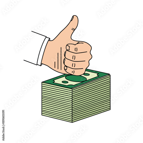 Hand Giving Thumbs Up on Stack of Money. Financial Success, Investment Approval, and Profit Concept. Vector Doodle Illustration.