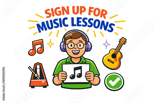 Young male cartoon character promoting music lessons with instruments and notes