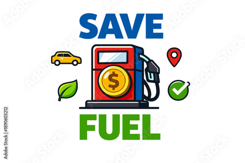 Fuel-saving tips with gas pump icon and eco-friendly symbols