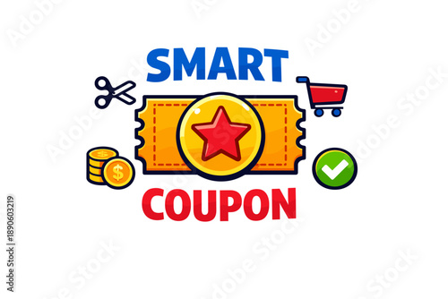 Smart coupon icon with shopping cart, scissors, coins, and check mark