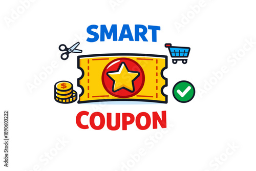 Smart coupon design with shopping cart, scissors, and coin elements