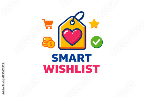Smart wishlist icon with heart, shopping cart, coins, star, and checkmark