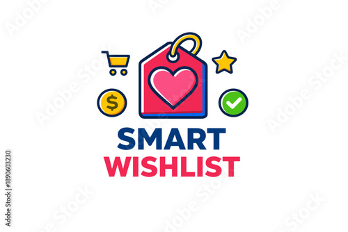 Smart wishlist icon with heart tag and shopping elements on white background
