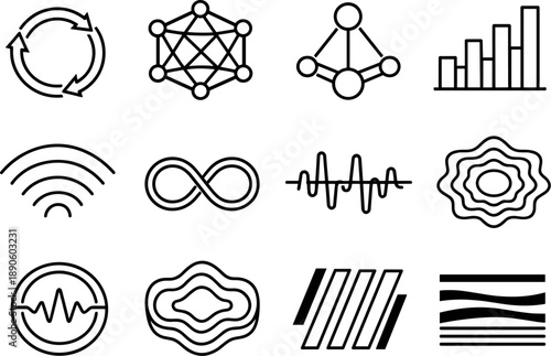 Image Generation. Line style vector icons of cyber security monitoring and response: sync ring, resonance mesh, rhythm node,
