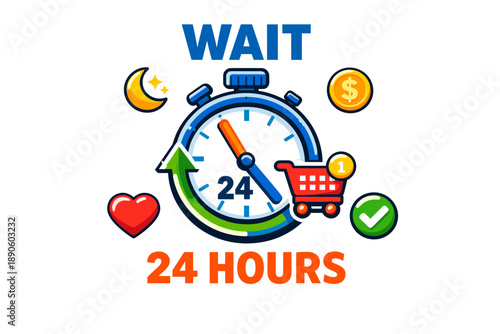 24-hour shopping wait concept with timer and shopping cart icons