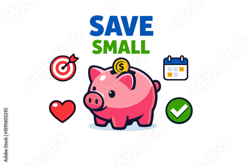 Pink piggy bank with target heart calendar coin and checkmark icons