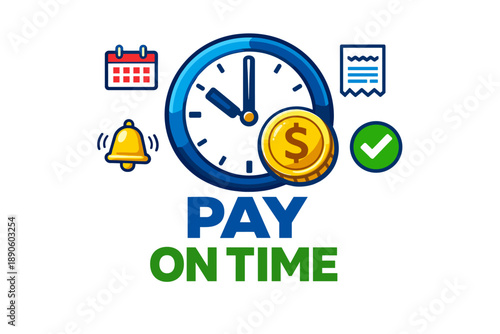 Pay on time concept with clock, calendar, and payment symbols