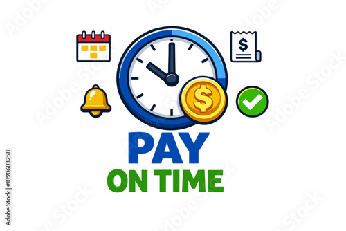 Timely payment reminder with clock, calendar, and currency icons