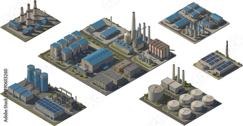 Isometric industrial complex illustration set, factories power plants refineries warehouses, modern manufacturing infrastructure, energy production facilities design