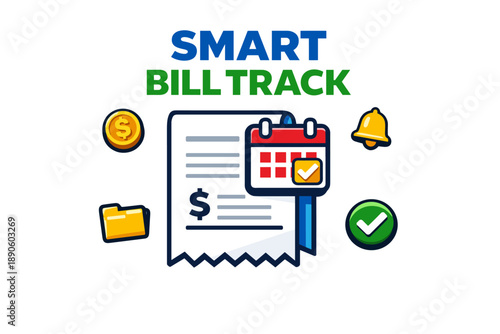 Smart bill track graphic with calendar, document, and icons for finance management