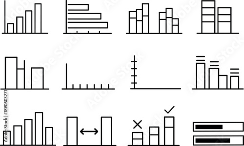 Image Generation. Line style vector icons of data visualization bar charts: vertical bar chart, horizontal bar chart, grouped bars