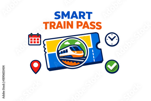 Smart train pass icon with calendar, clock, and location symbols
