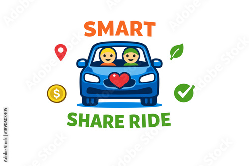 Smart share ride illustration with happy passengers in eco-friendly car