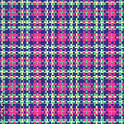 A colorful pixel art tartan pattern featuring neon pink, teal, and purple. This seamless geometric design blends retro gaming vibes with classic textile aesthetics for modern digital use.