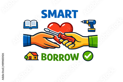 Smart borrow concept with hands sharing tools and heart symbol
