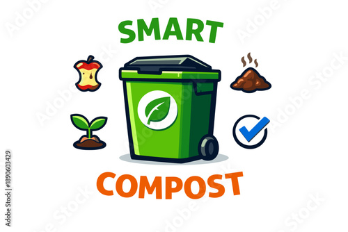 Smart compost bin with organic waste, seedling, soil, and eco-friendly icons