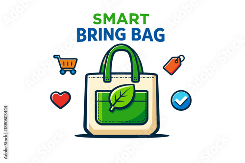 Eco-friendly reusable shopping bag with green leaf design and shopping icons