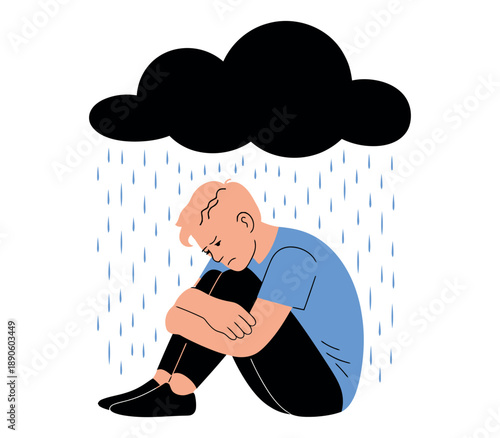 A man sits alone on the ground, overcome with sadness and despair on a rainy day.