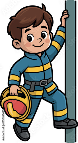 A cartoon boy dressed as a firefighter climbing a pole with a helmet in hand