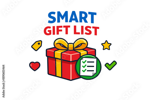 Smart gift list with present, tags, and checkmarks
