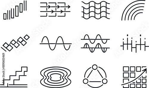 Image Generation. Line style vector icons of financial banking security services: signal stripe, flow bar, wave tile, rhythm arc,