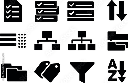 Image Generation. Solid vector icons of task checklist manager task organization: checklist list, grouped tasks, task sections,