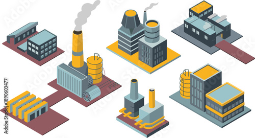 Isometric industrial factory illustration set, modern manufacturing plants with smokestacks pipelines storage tanks, power production infrastructure, industry vector design