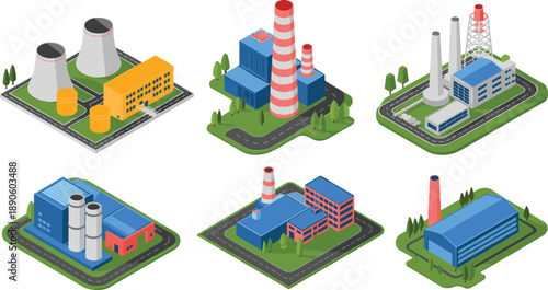 Isometric industrial factory illustration set, power plants with cooling towers smokestacks, modern manufacturing facilities, heavy industry infrastructure vector design