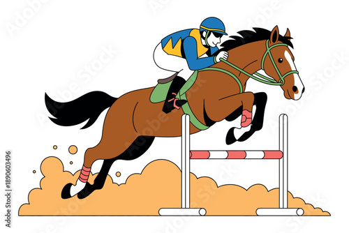 A cartoon jockey riding a brown horse over a hurdle in a jumping competition
