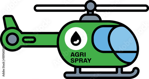 A green cartoon helicopter with 'Agri Spray' written on it is used for agricultural purposes.