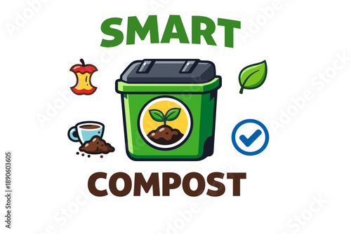 Smart composting bin design with green leaf and apple core illustrations