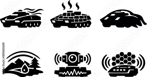 Image Generation. Solid vector icons of heat-blending tactical vehicles: IR-neutralizing hull, thermal diffusion tiles, adaptive