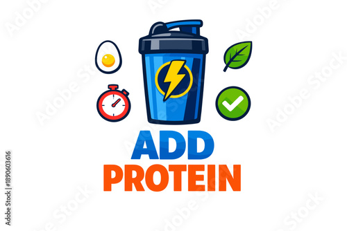 Blue protein shaker with egg, stopwatch, leaf, and check mark symbols