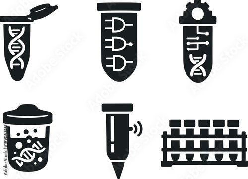 Image Generation. Solid vector icons of DNA-computing test tubes: DNA-filled microtube, molecular logic gate, strand-processing
