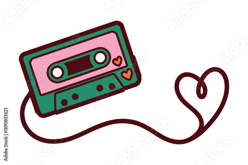 A colorful illustration of a cassette tape with a heart-shaped cord