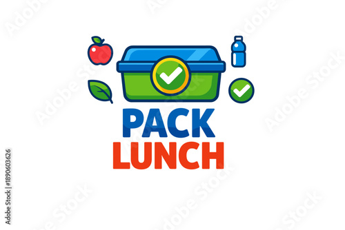 Pack lunch illustration with container, apple, leaf, and bottle symbols