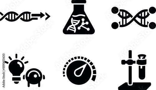 Image Generation. Solid vector icons of DNA logic circuits in solution: strand-displacement module, computation vial, branching