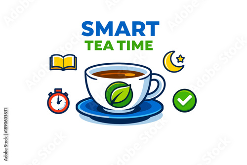 Smart tea time concept with cup and icons for relaxation and mindfulness