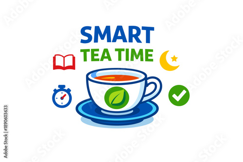 Smart tea time: relaxing break with cup, book, and timer icons