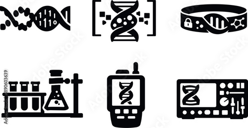 Image Generation. Solid vector icons of synthetic DNA message systems: non-genetic code strand, encoded helix section, molecular