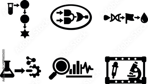 Image Generation. Solid vector icons of living-cell computation networks: programmable signaling cascade, cellular logic node,