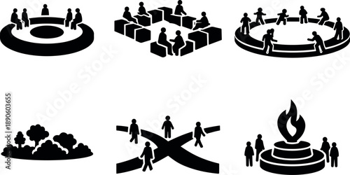 Image Generation. Solid vector icons of social-interaction plazas: circular gathering area, modular benches, shared activity ring;