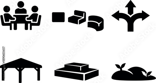 Image Generation. Solid vector icons of interaction-driven square design: meeting platform, dispersed seating segments, multi-path